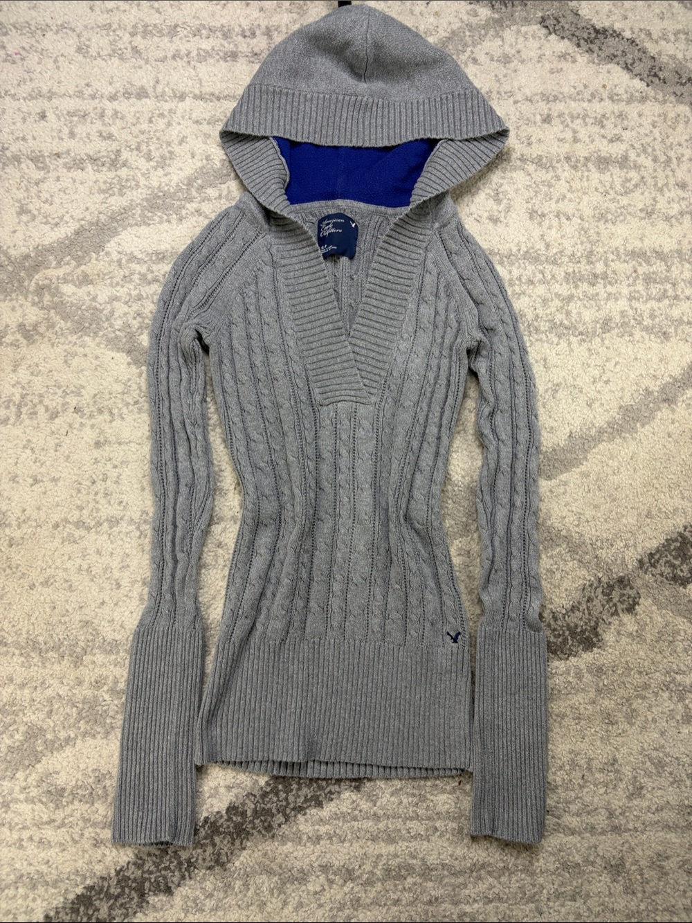 Aeropostale Gray Cable-Knit V-Neck Hooded Women's Sweater with Blue Lining